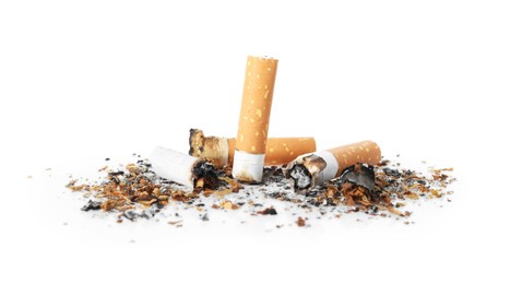 Photo of Cigarette butts with ash isolated on white