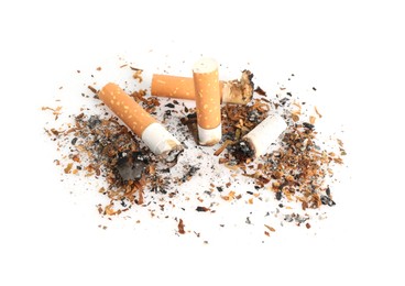 Photo of Cigarette butts with ash isolated on white