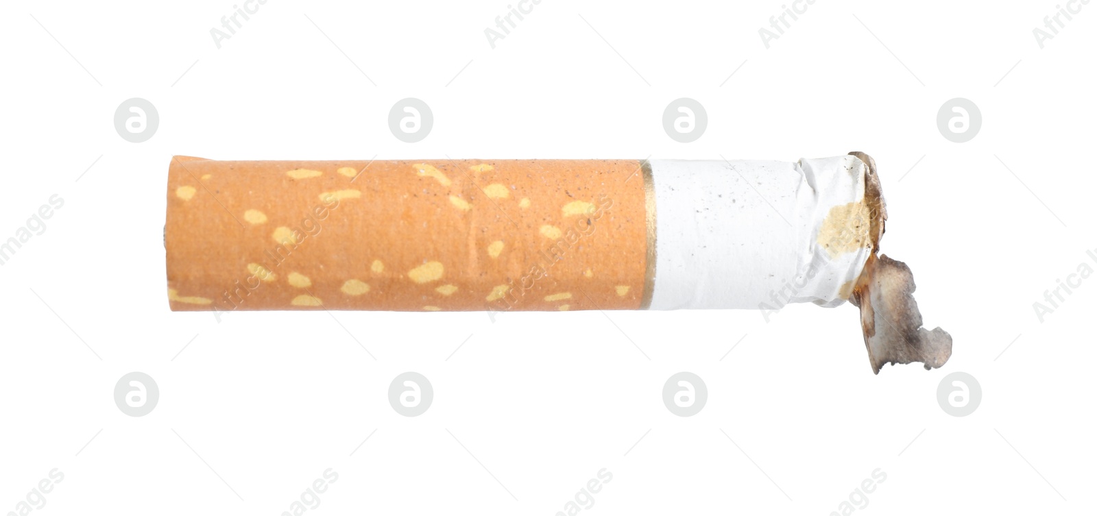 Photo of One burnt cigarette butt isolated on white