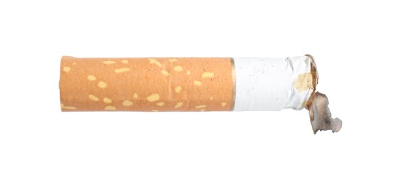 Photo of One burnt cigarette butt isolated on white
