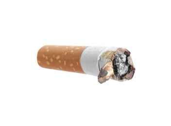 Photo of One burnt cigarette butt isolated on white