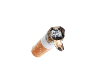 Photo of One burnt cigarette butt isolated on white