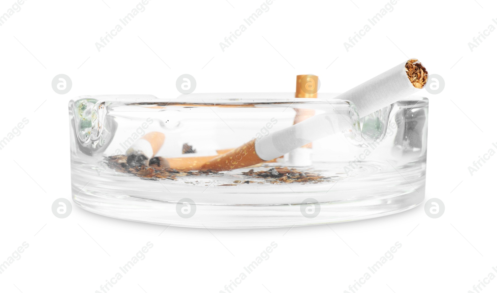 Ashtray with cigarette butts isolated on white Photo of Ashtray with cigarette butts isolated on white