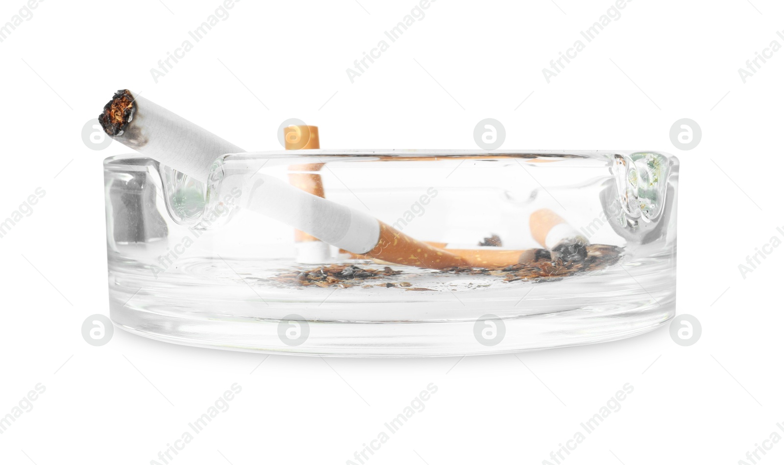 Ashtray with cigarette butts isolated on white Photo of Ashtray with cigarette butts isolated on white