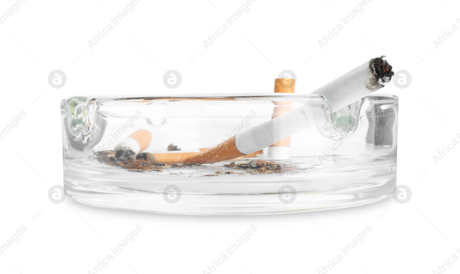 Ashtray with cigarette butts isolated on white Photo of Ashtray with cigarette butts isolated on white