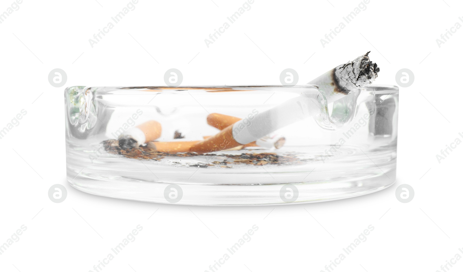 Ashtray with cigarette butts isolated on white Photo of Ashtray with cigarette butts isolated on white