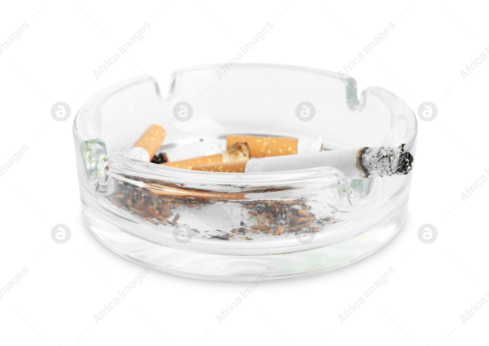 Ashtray with cigarette butts isolated on white Photo of Ashtray with cigarette butts isolated on white