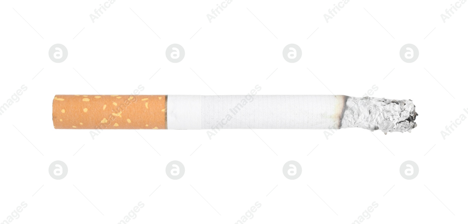 Cigarette butt with ash isolated on white Photo of Cigarette butt with ash isolated on white