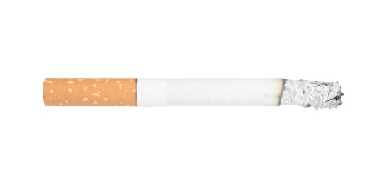 Photo of Cigarette butt with ash isolated on white