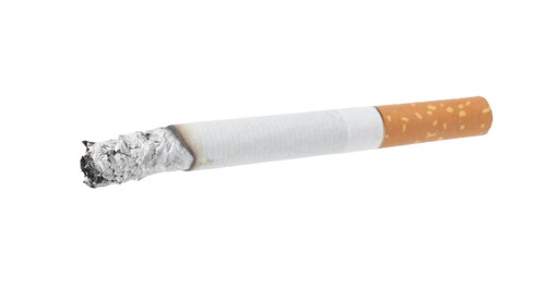 Photo of Cigarette butt with ash isolated on white
