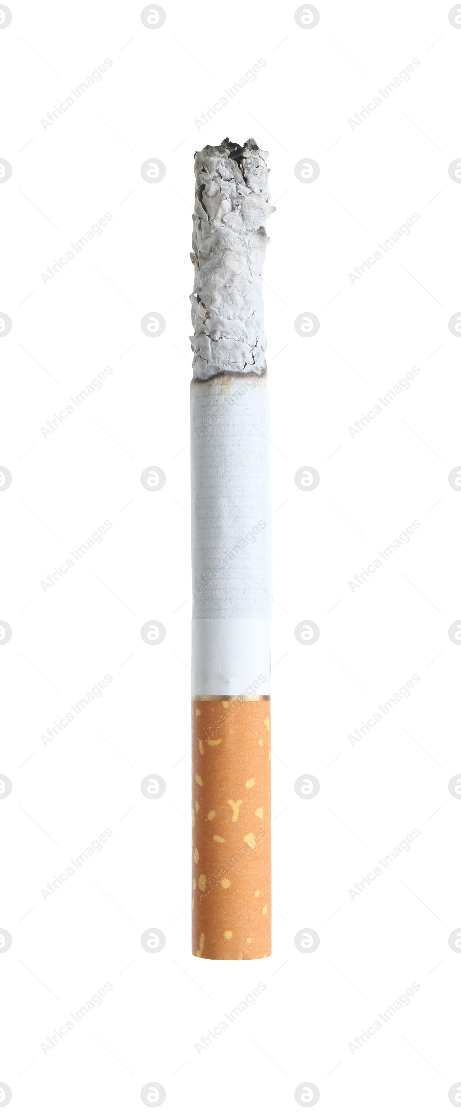 Cigarette butt with ash isolated on white Photo of Cigarette butt with ash isolated on white