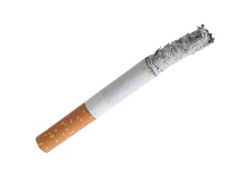 Photo of Cigarette butt with ash isolated on white