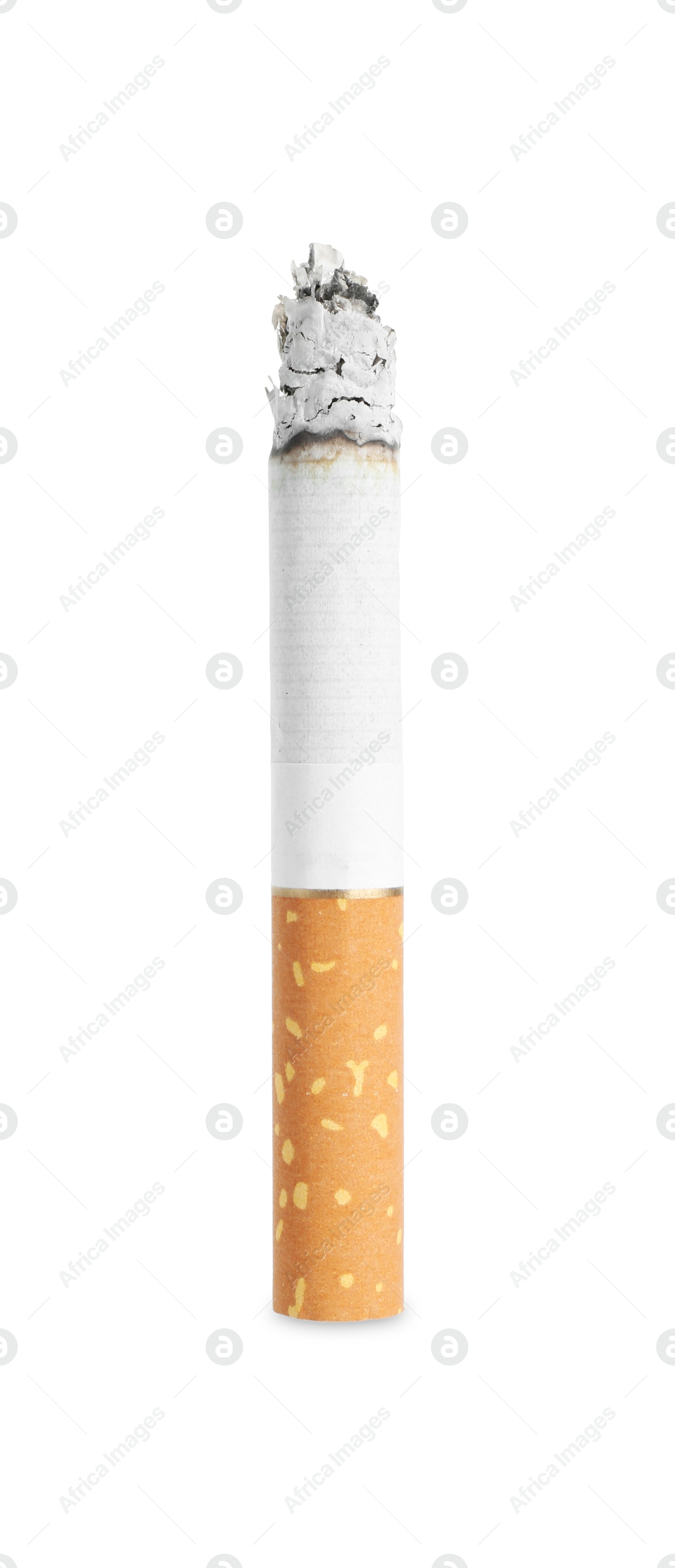 Cigarette butt with ash isolated on white Photo of Cigarette butt with ash isolated on white
