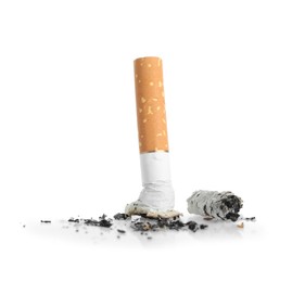 Photo of Cigarette butt with ash isolated on white