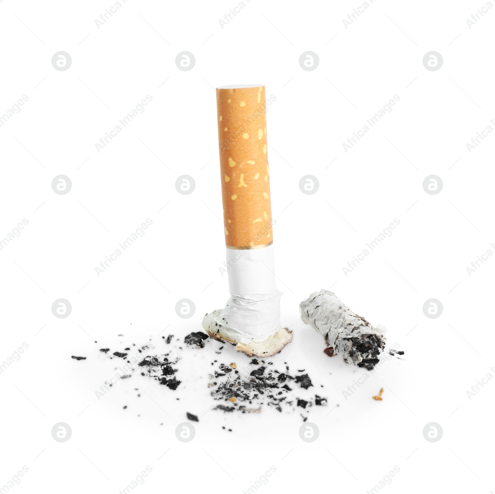 Photo of Cigarette butt with ash isolated on white