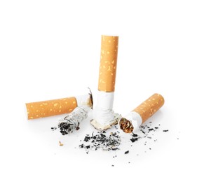 Photo of Cigarette butts with ash isolated on white