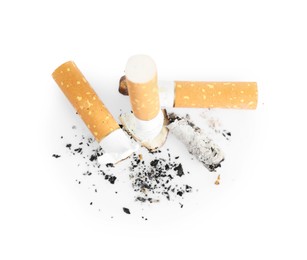 Photo of Cigarette butts with ash isolated on white
