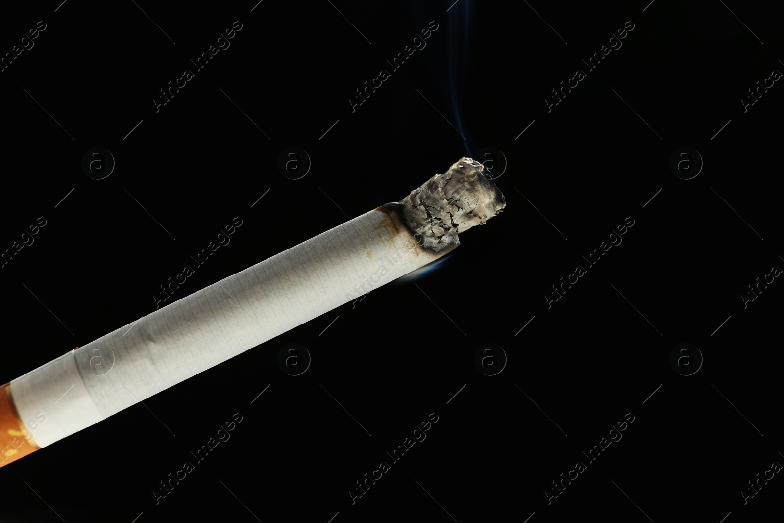 Photo of One burning cigarette on black background, closeup