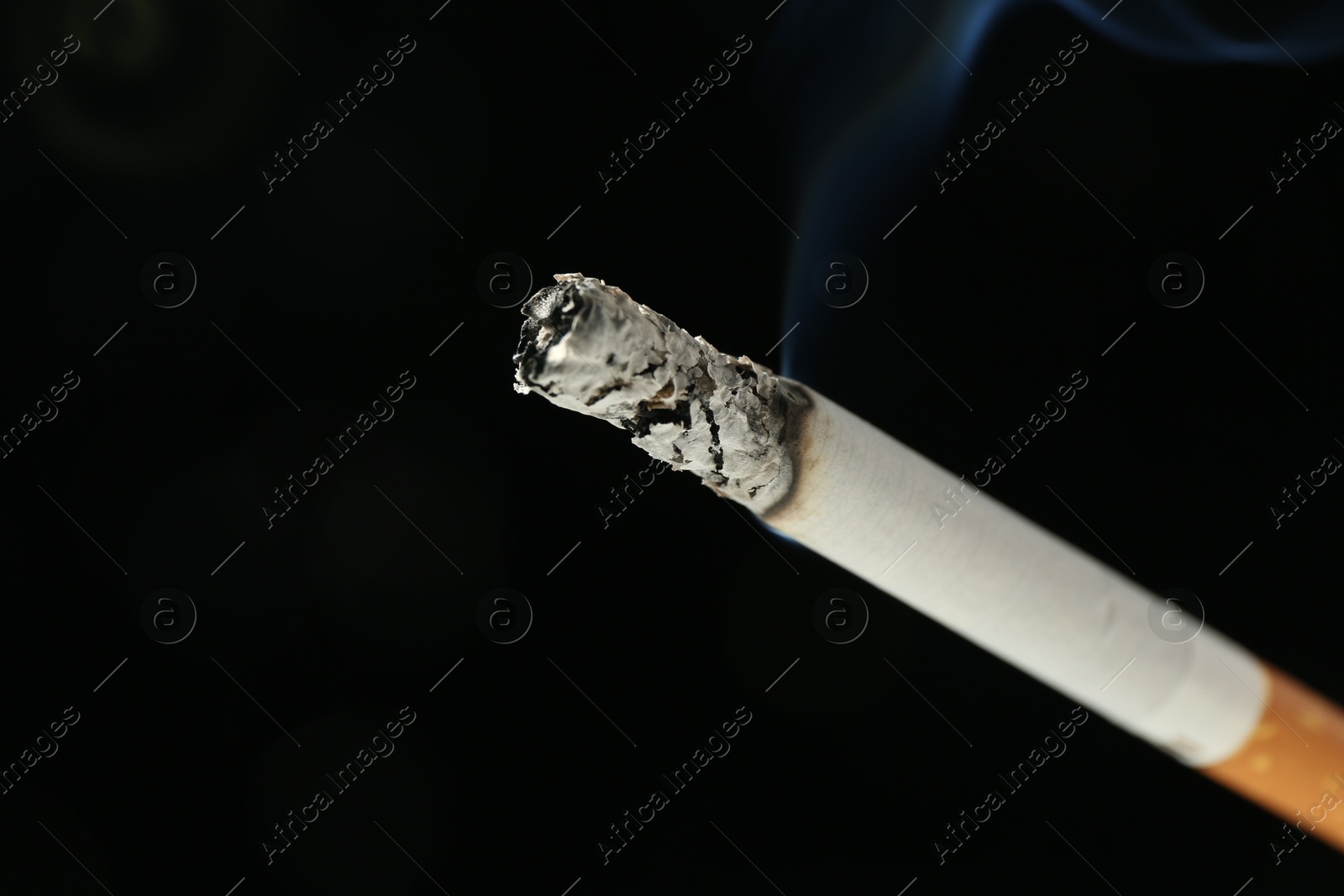 One burning cigarette on black background, closeup. Space for text Photo of One burning cigarette on black background, closeup. Space for text