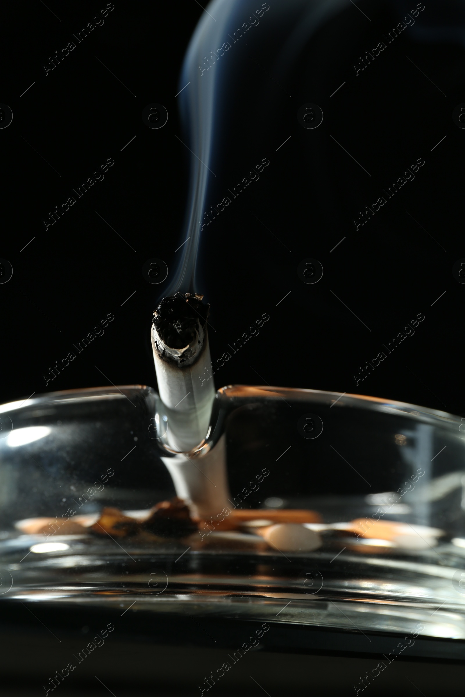 Cigarette butts in ashtray on black background, closeup Photo of Cigarette butts in ashtray on black background, closeup