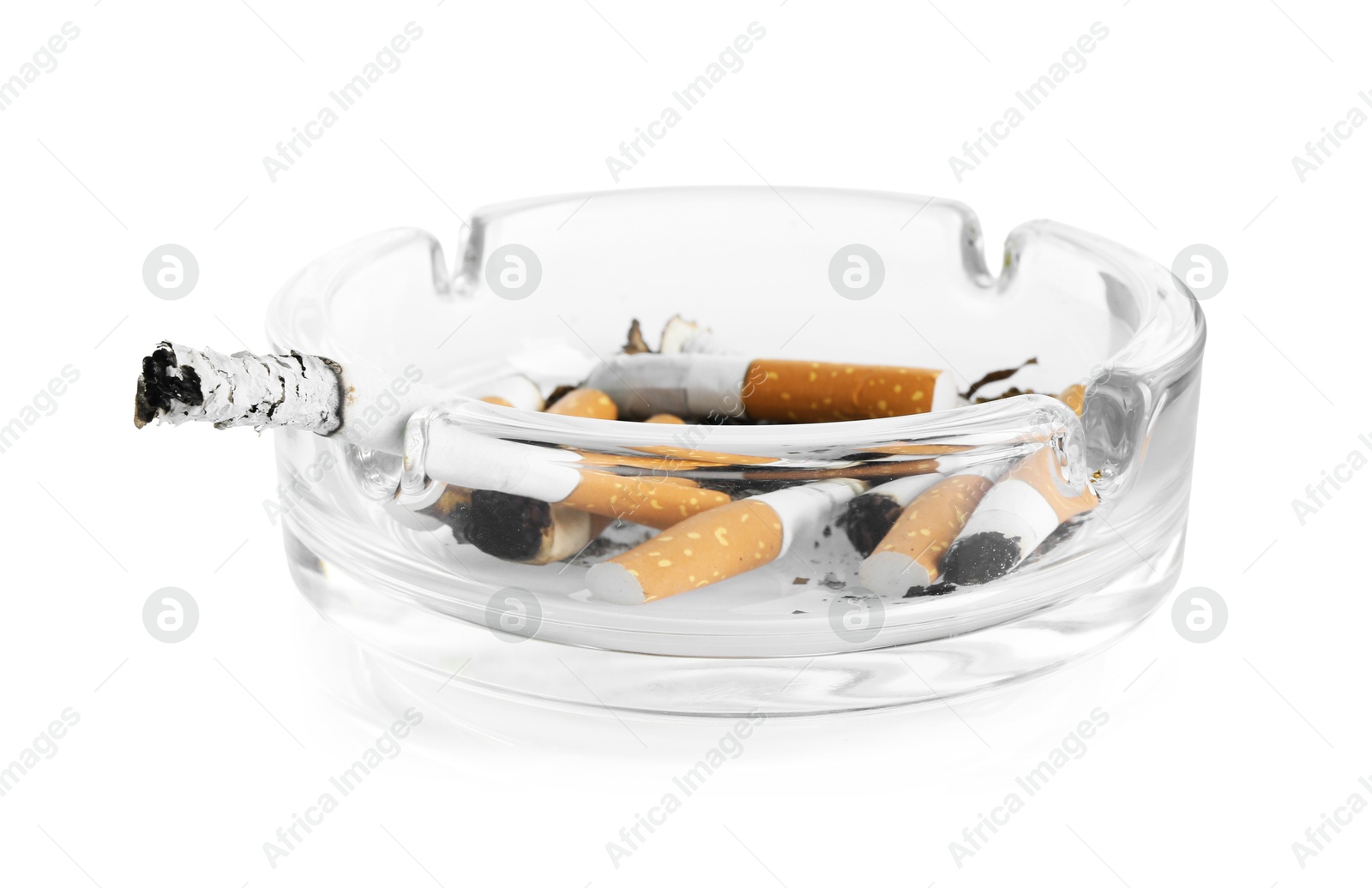 Cigarette butts in ashtray isolated on white Photo of Cigarette butts in ashtray isolated on white