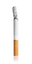 Photo of Cigarette butt with ash isolated on white