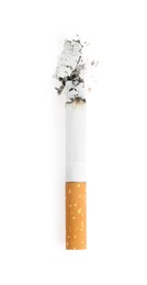 Photo of Cigarette butt with ash isolated on white, top view