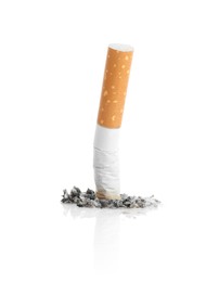 Photo of Cigarette butt with ash isolated on white