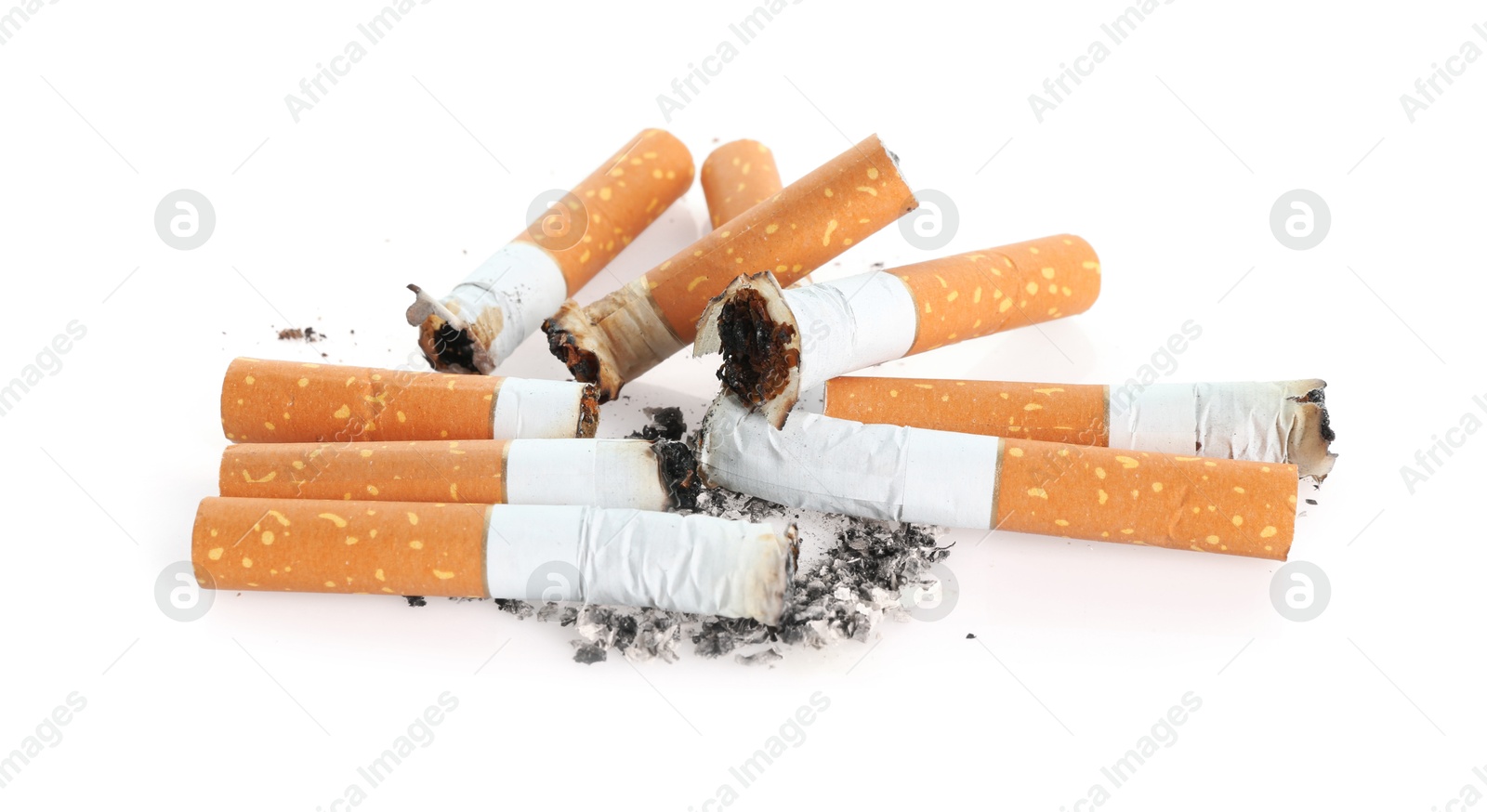 Cigarette butts with ash isolated on white Photo of Cigarette butts with ash isolated on white