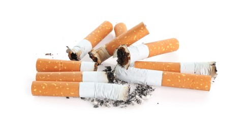 Photo of Cigarette butts with ash isolated on white