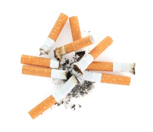 Photo of Cigarette butts with ash isolated on white, top view