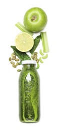 Photo of Superfood. Tasty smoothie in glass bottle and ingredients on white table, flat lay
