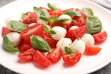 Photo of Tasty salad Caprese with mozzarella, tomatoes, basil and spices on table, closeup