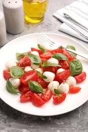Photo of Tasty salad Caprese with mozzarella, tomatoes, basil and spices on grey table, closeup
