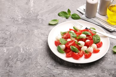 Photo of Tasty salad Caprese with mozzarella, tomatoes, basil and spices on grey table. Space for text