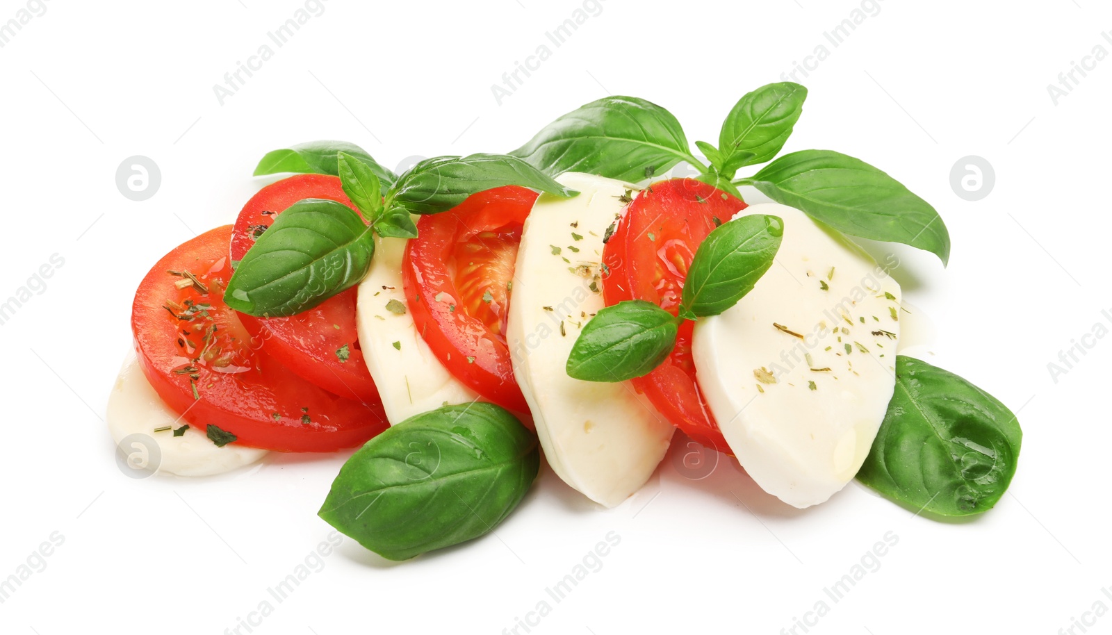 Tasty salad Caprese with mozzarella, tomatoes, basil and spices isolated on white Photo of Tasty salad Caprese with mozzarella, tomatoes, basil and spices isolated on white