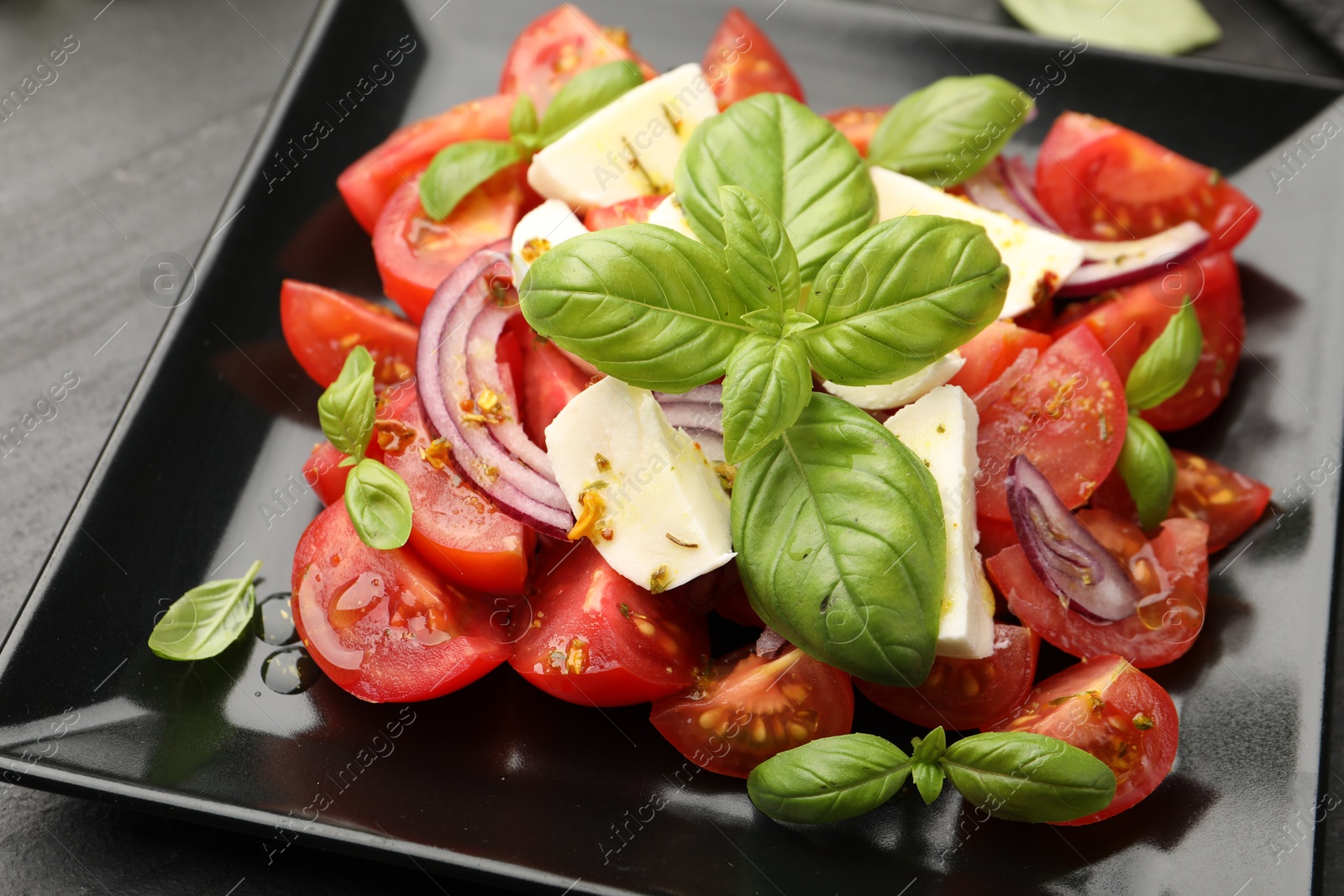 Tasty salad Caprese with mozzarella, tomatoes, basil, onion and spices on table, closeup Photo of Tasty salad Caprese with mozzarella, tomatoes, basil, onion and spices on table, closeup
