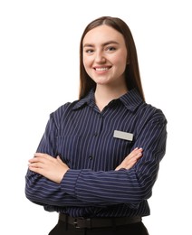 Photo of Portrait of hostess in uniform on white background