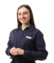 Photo of Portrait of hostess in uniform on white background