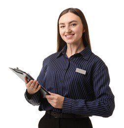 Photo of Hostess in uniform with clipboard on white background