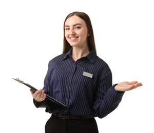 Photo of Hostess in uniform with clipboard on white background