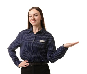 Photo of Portrait of hostess in uniform on white background