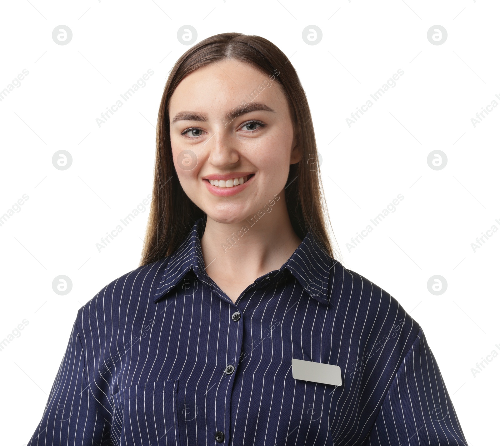 Photo of Portrait of hostess in uniform on white background