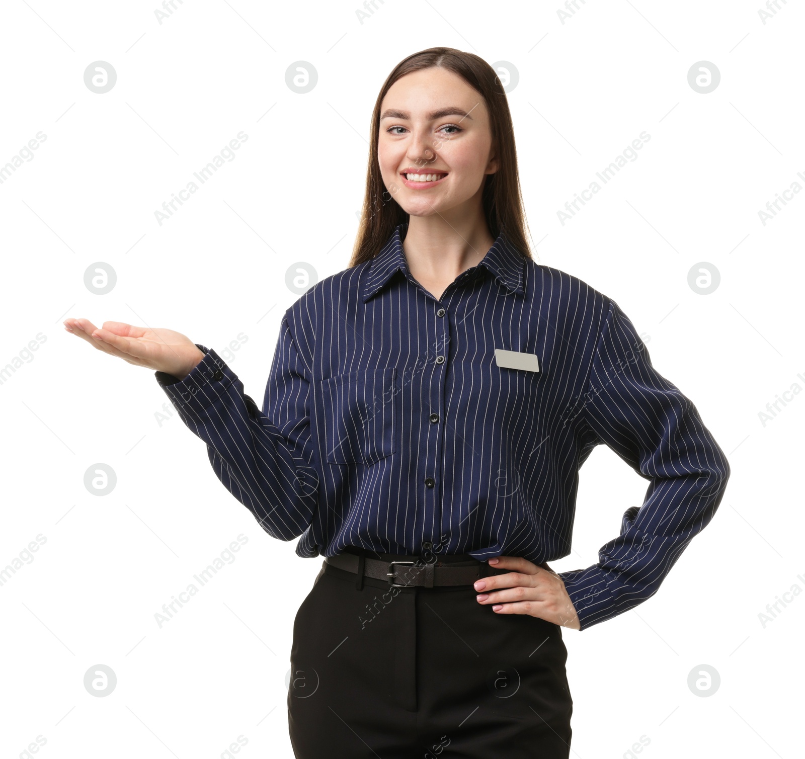 Photo of Portrait of hostess in uniform on white background