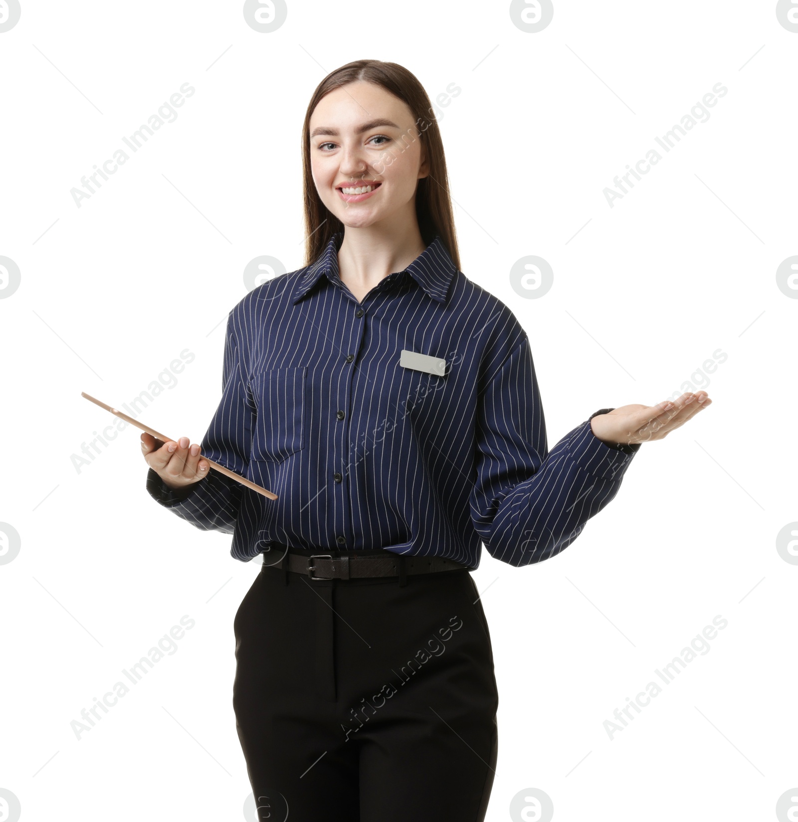 Photo of Hostess in uniform with tablet on white background