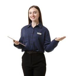 Photo of Hostess in uniform with tablet on white background