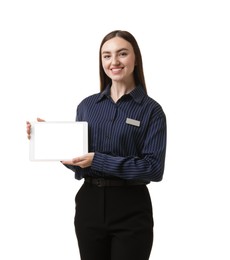 Photo of Hostess in uniform with tablet on white background