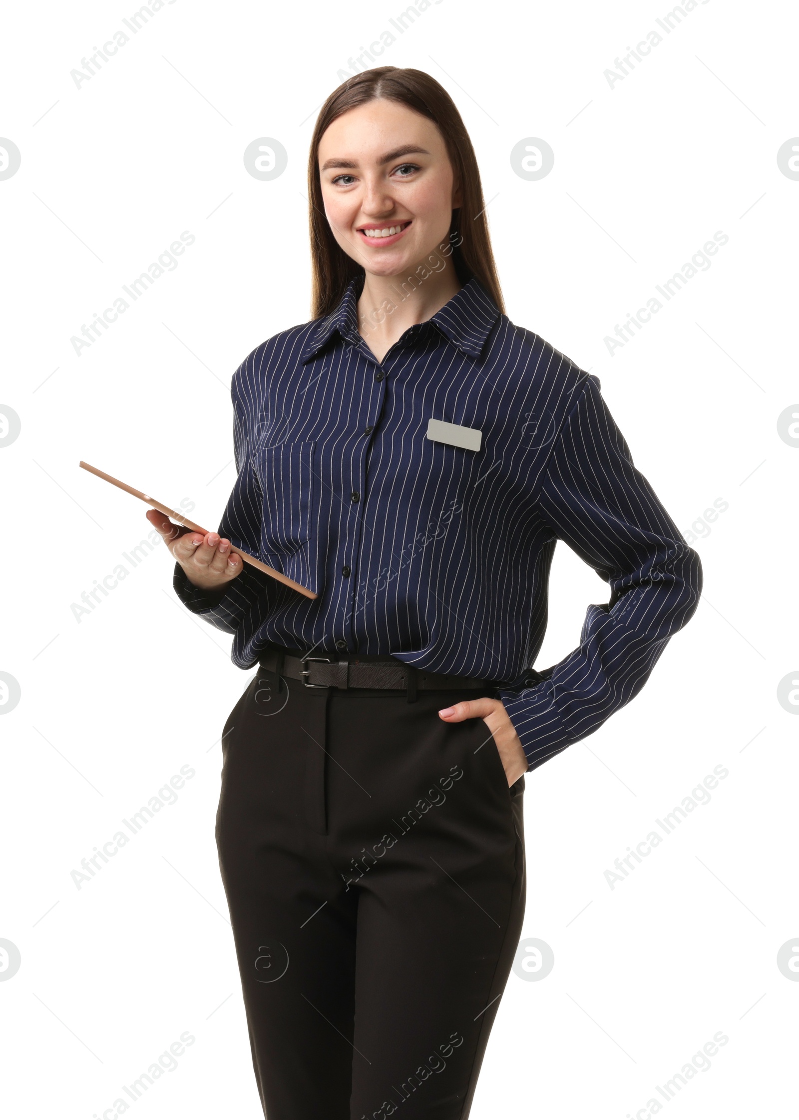 Photo of Hostess in uniform with tablet on white background