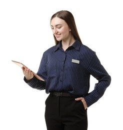 Photo of Hostess in uniform with tablet on white background