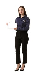Photo of Hostess in uniform with tablet on white background